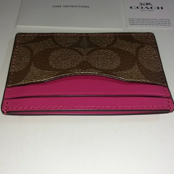 COACH SV/KHAKI/MAGENTA SIGNATURE PVC CARD CASE - Picture 6 of 8